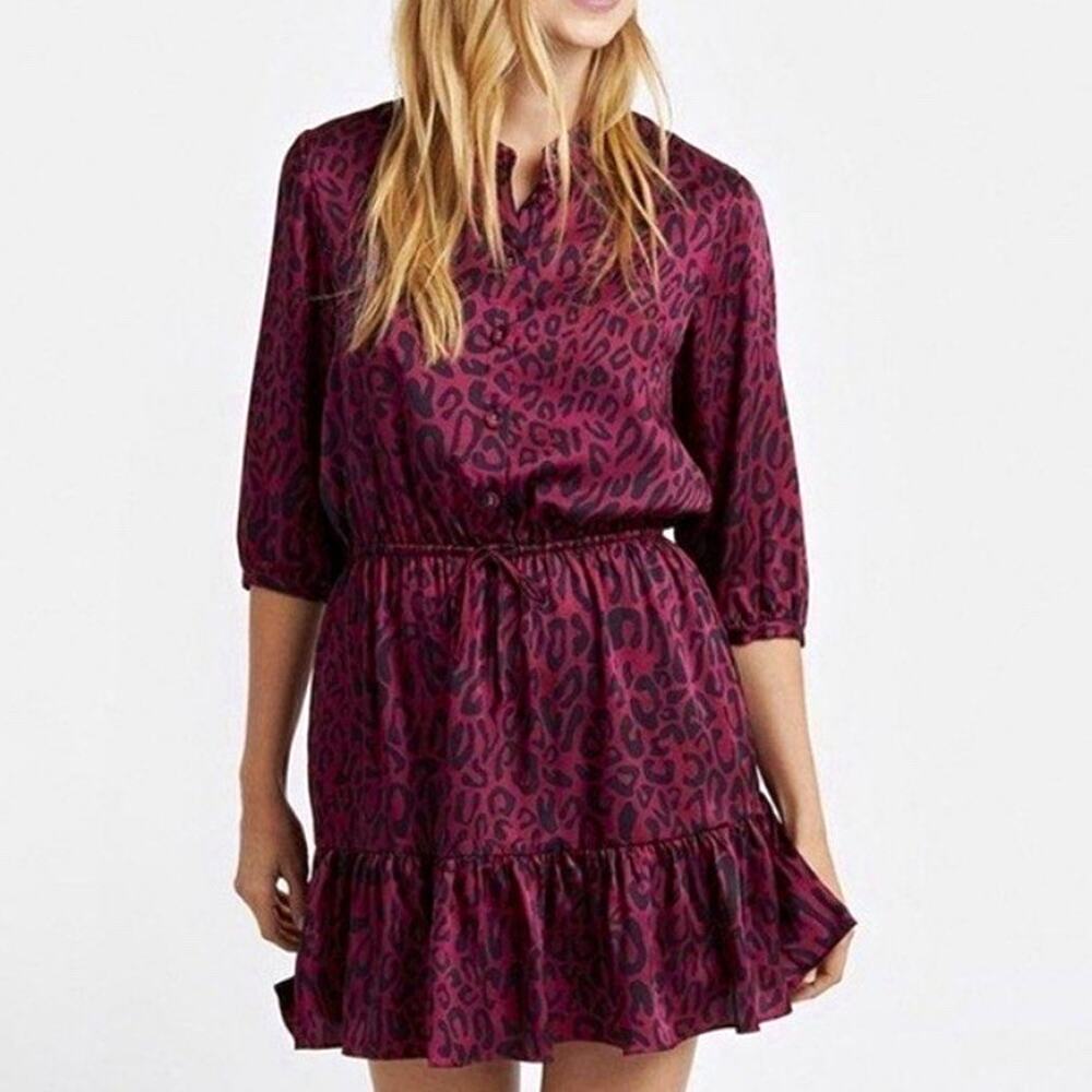 NWT Rebecca Minkoff Ollie Plum Black Leopard V-Neck 3/4 Sleeve Dress size S